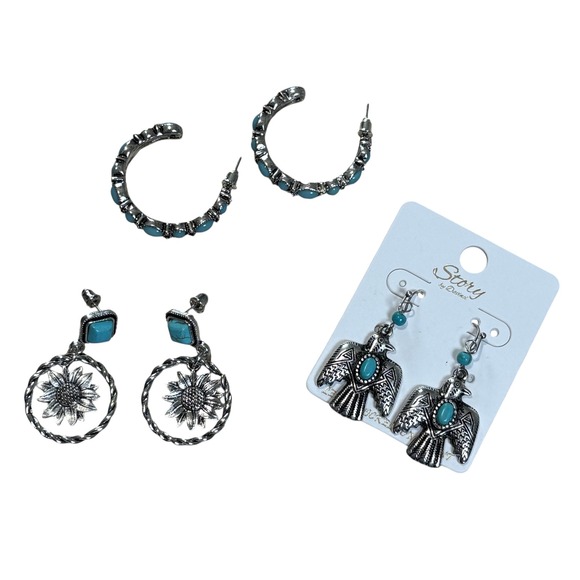 Earrings‎ Set of 3 Pair Turquoise Silver Western Style Hoop Dangle Set New - Picture 1 of 6